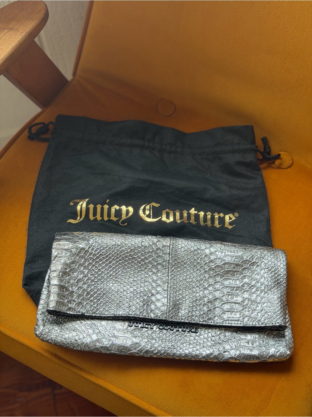 Juicy Couture Metallic Silver Snakeskin Fold-Over Clutch